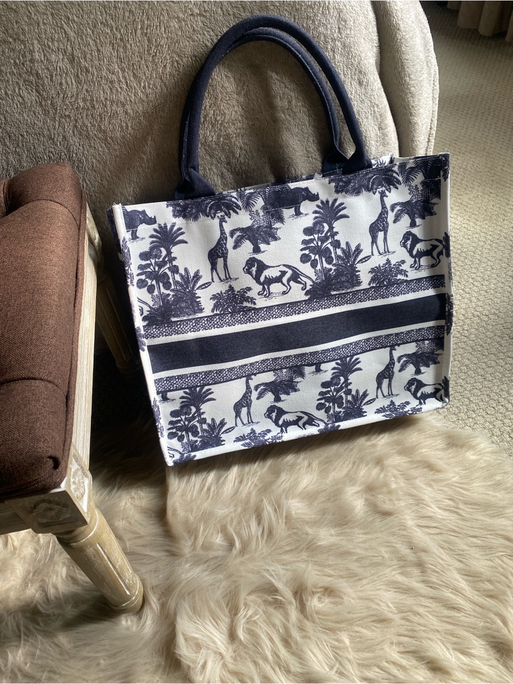 Canvas Navy & Ivory Safari Print Tote Bag NWT